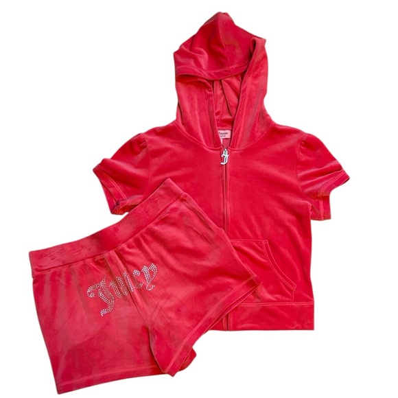 Juicy Couture Velour Tracksuit Set Jacket and Shorts Size M Watermelon Pink New - Picture 1 of 8
